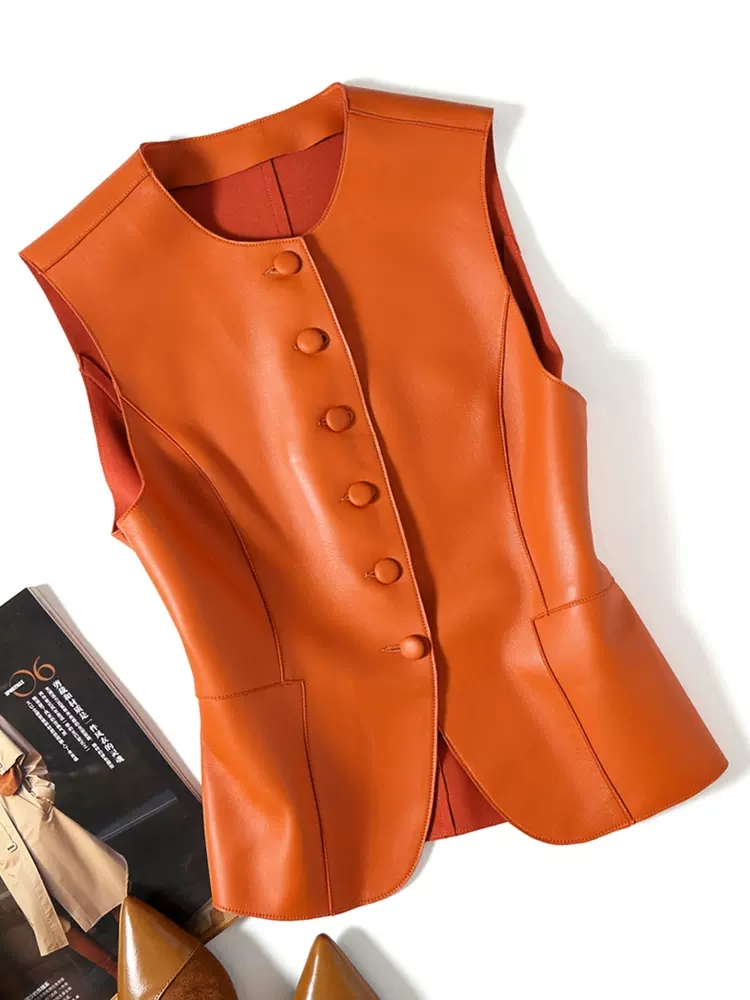 Women's Vest, Single Breasted, Sheepskin Tang, Round Neck, Genuine Leather Vest, Short Outerwear, Spring And Autumn