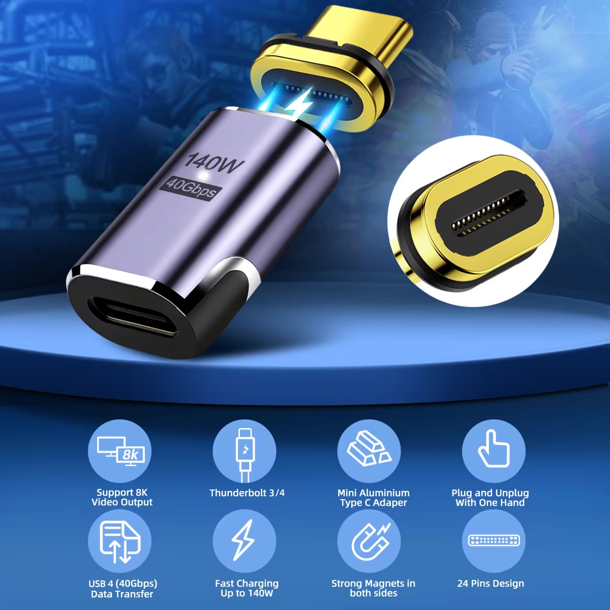 Usb4.0 thunderbolt3 magnético usb c para tipo c adaptador 140w 40gbps cabo conversor de carga magnética de carregamento rápido 8k @ 60hz USB-C adaptar