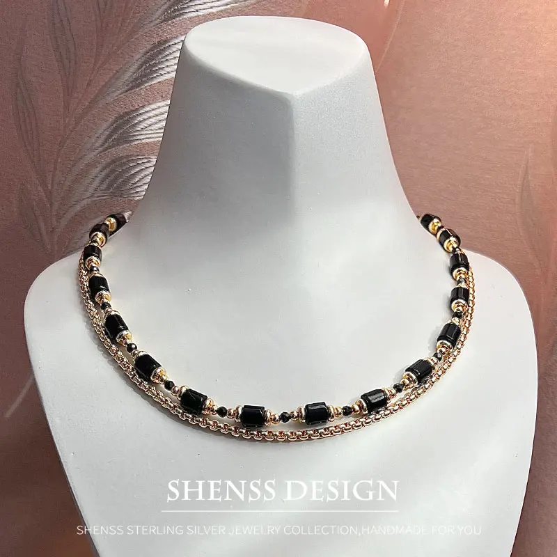 Colar Obsidiana Natural Personalizado, Zircão Preto, Banhado a Cobre, Acessórios a Ouro 14K