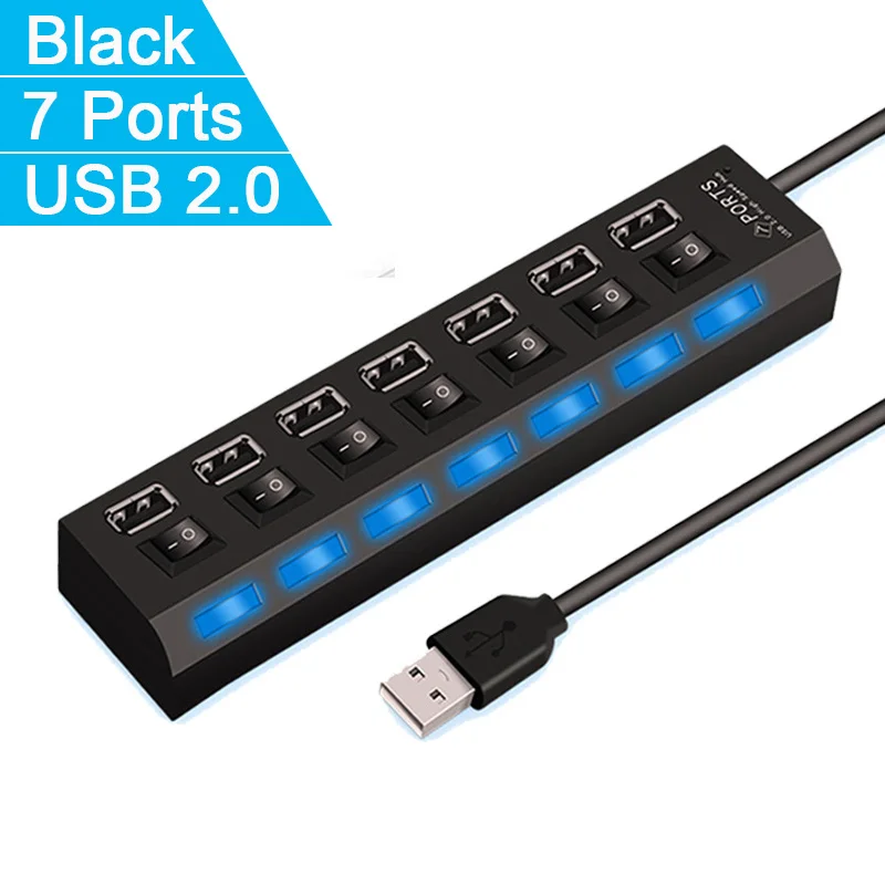 Adaptador expansor USB HUB 2,0 de alta velocidad, 4/7 puertos, divisor Multi USB, extensor múltiple con interruptor de lámpara LED para PC y portátil