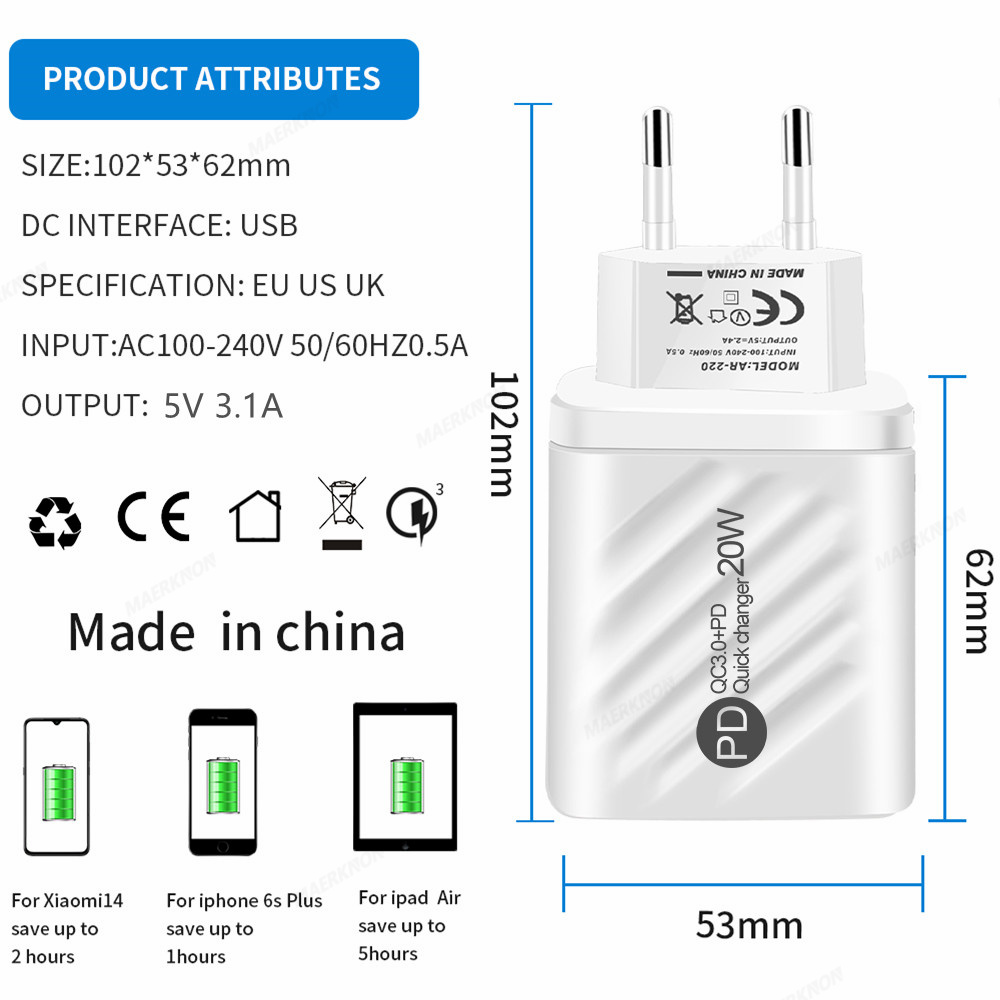 PD 20W USB C Charger with Digital Display Fast Charging Mobile Phone Multi Ports Wall Adapter for IPhone 14 15 Xiaomi Samsung