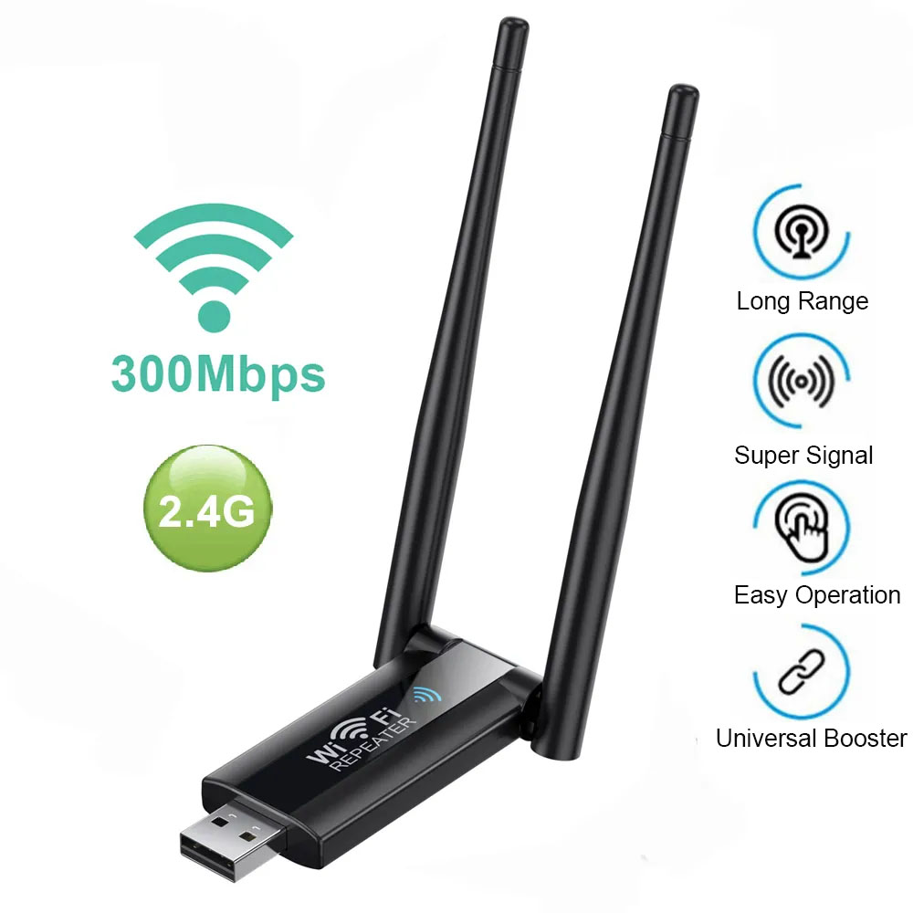Repetidor extensor WiFi inalámbrico USB 2,4G 300Mbps, enrutador amplificador de señal Wi-Fi, adaptador de tarjeta de red de largo alcance para PC