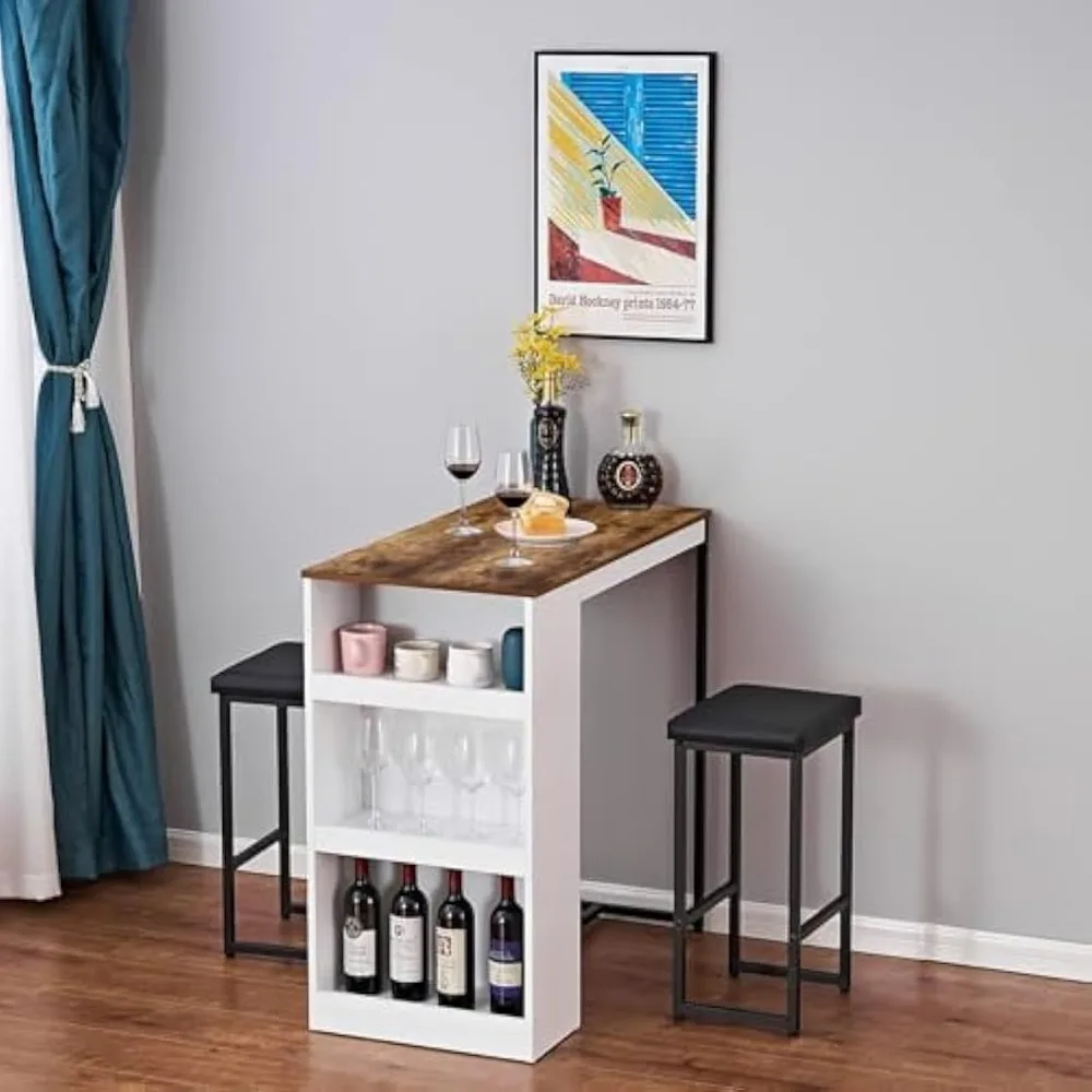 3 Piece Dining Table Set Kitchen Bar Table with Two Stool Storage Shelves Wood Counter Height Table Top with Sew Kerf