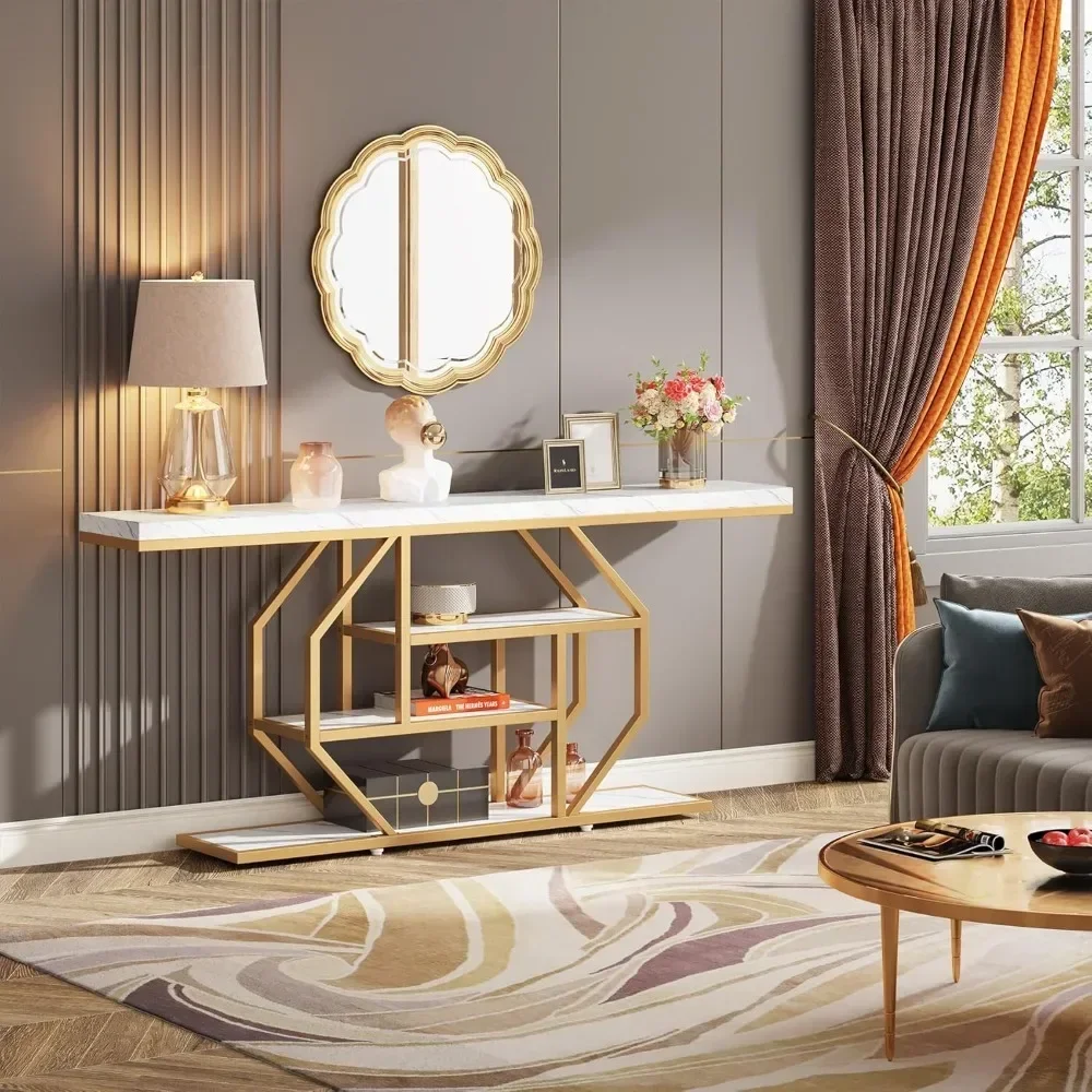 70.9 inch Extra Long Console Table,Modern Gold Sofa Table Behind Couch with Storage,4 Tier Entryway Accent Table for Living Room