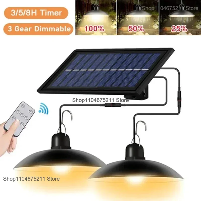 Hanglamp op zonne-energie Buiten Waterdichte LED-lamp Dubbele kop Kroonluchter Decoraties met afstandsbediening voor binnenschuur Schuurkamer