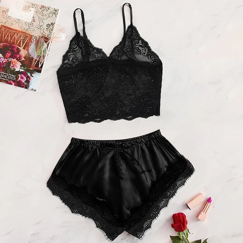 Conjunto de pijama de encaje sexy para mujer, 2 piezas, ropa de dormir de verano, lencería, camisola de encaje negro con pantalones cortos rosas, cómodo