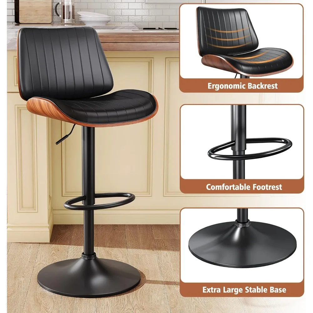Bar Stools Set of 3, Modern Barstools with Bentwood Back and Leather Seat, Barstools for Kitchen Counter