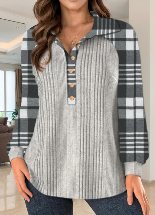 Plus-Size-Damen-Kapuzenpullover mit geknöpftem, gestreiftem Karomuster und Farbblock in verschiedenen Farben mit langen Ärmeln