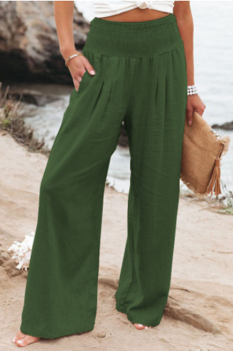 Women's casual pants with drawstring, mid waist, beach wide leg, spring and summer, European and American pants