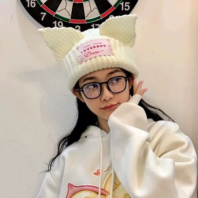 2023 긴 귀 여우 모자 스컬리 비니, 귀여운 토끼 귀 크로셰 니트 모자, 겨울 힙합 따뜻한 모자, 크리스마스 선물, 신제품