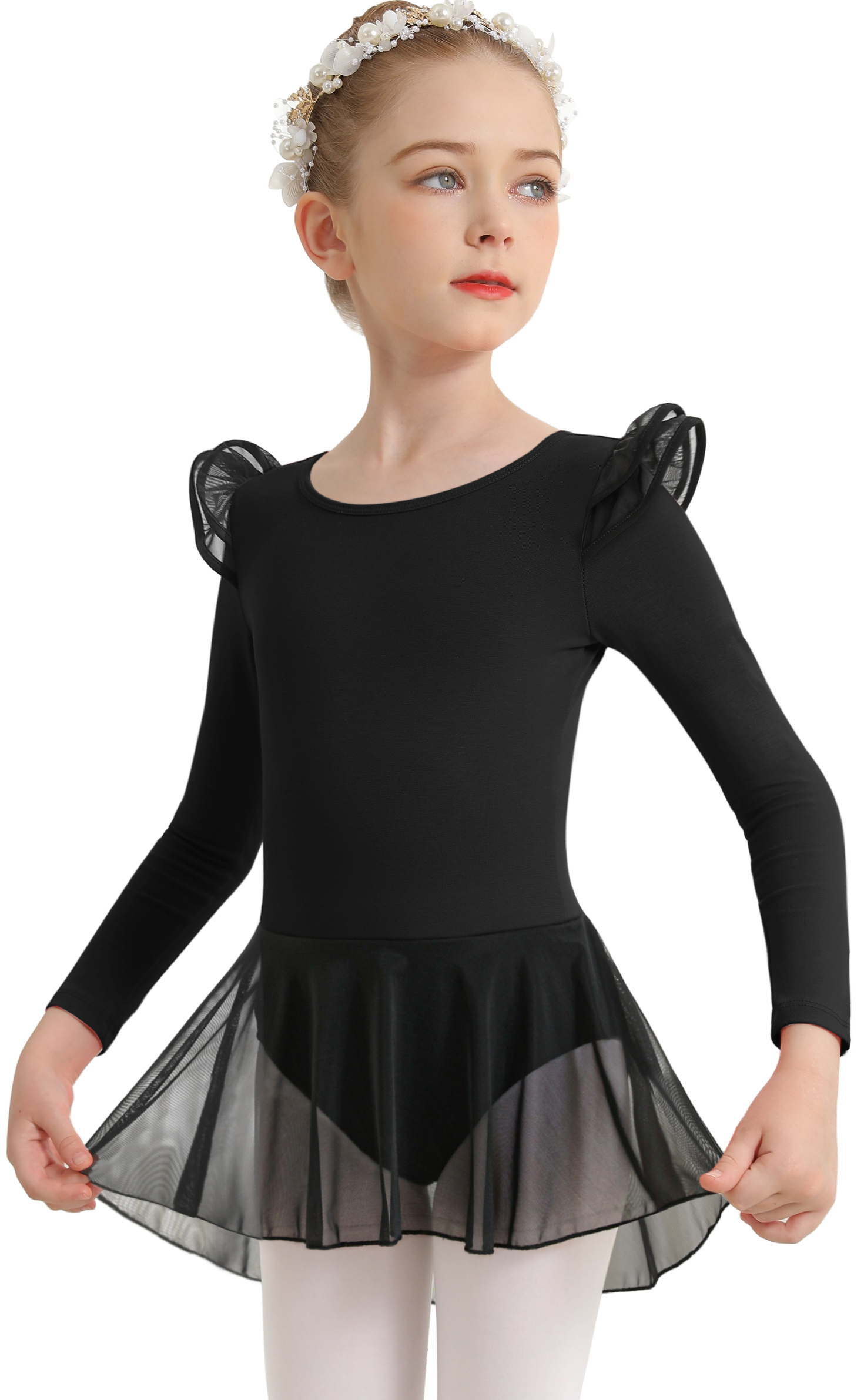 Collant de balé para meninas para dança, vestido com saia de manga comprida com costas vazadas para dança (criança/menina grande)