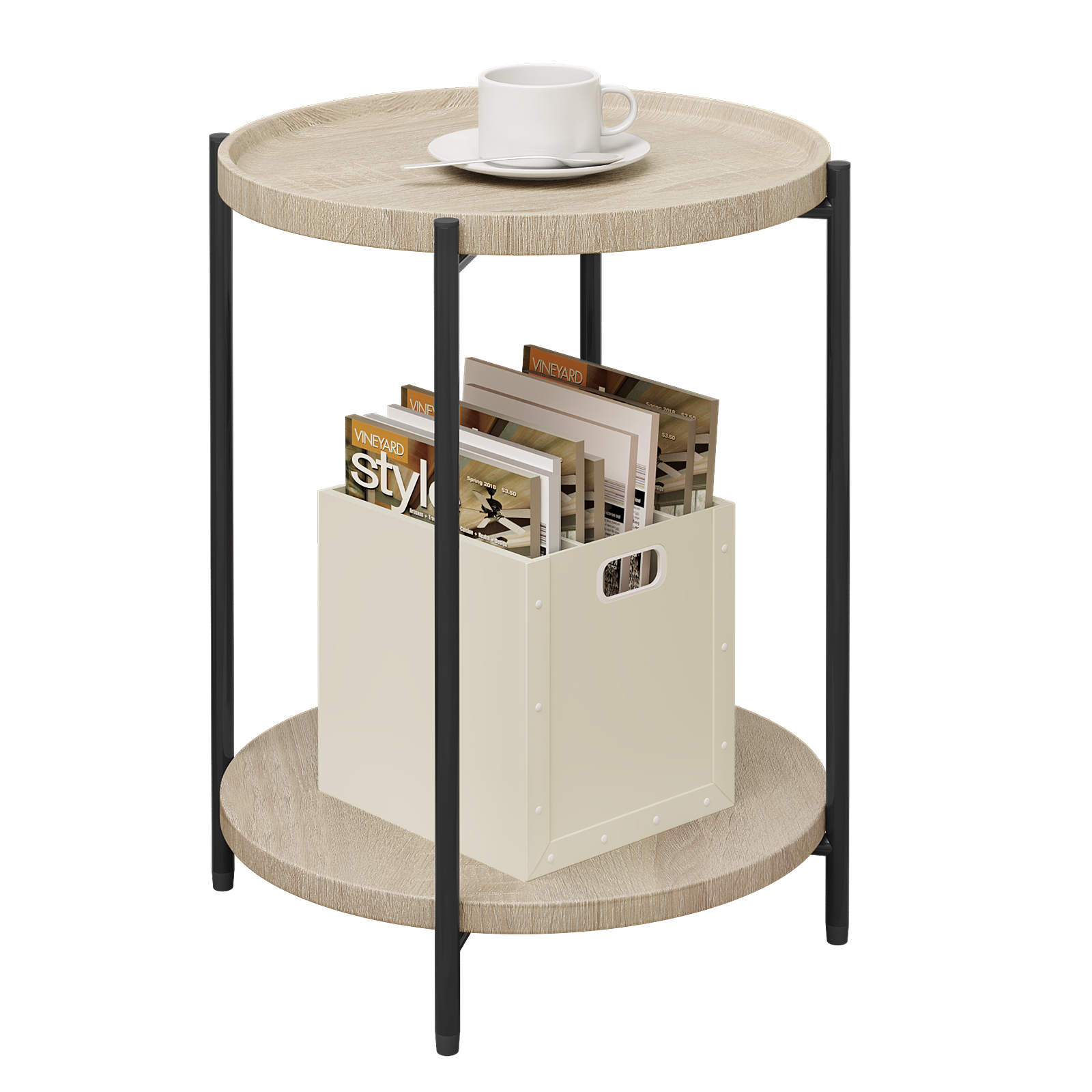 Mesa de centro redonda con 2 estantes, mesa extraíble, sofá, teléfono, mesita de noche de té para sala de estar, dormitorio y hogar