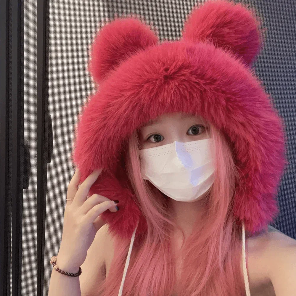 Gorro de felpa de visón de imitación de piel de zorro Kawaii cálido para mujer, gorro de bombardero japonés con orejas de oso bonito y grueso, gorro de Cosplay con protección para los oídos