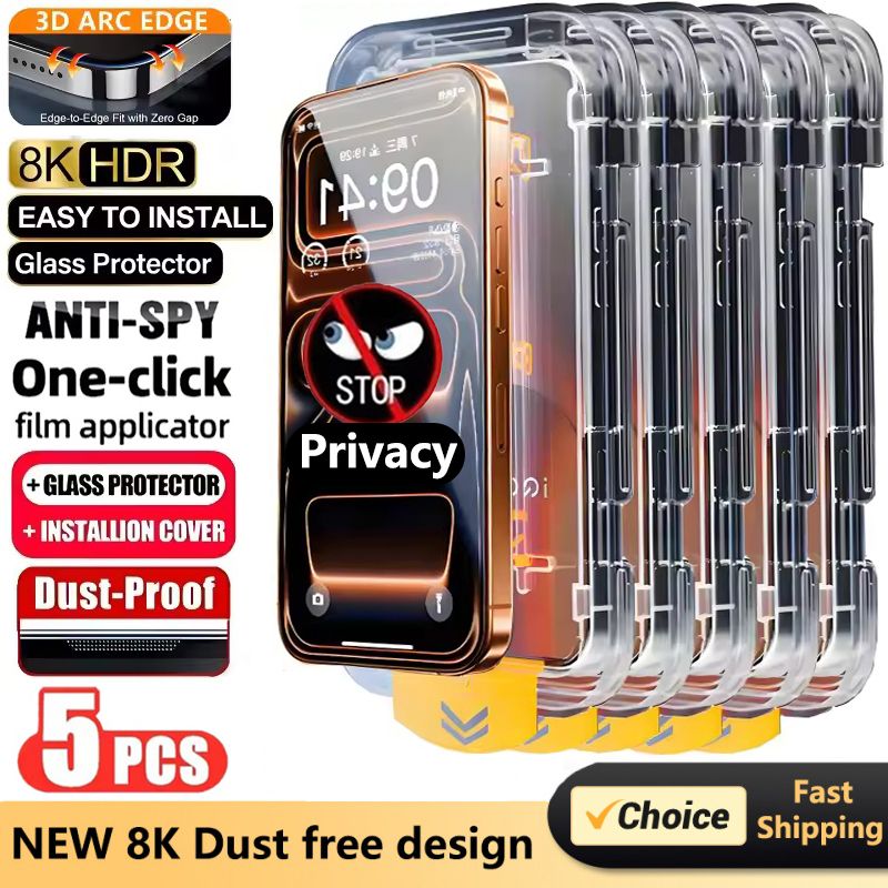 Protector de pantalla de privacidad sin polvo con revestimiento oleofóbico, 5 uds., para iPhone 17 Pro Max 15 13 11 12 14 16 Pro, vidrio de fácil instalación