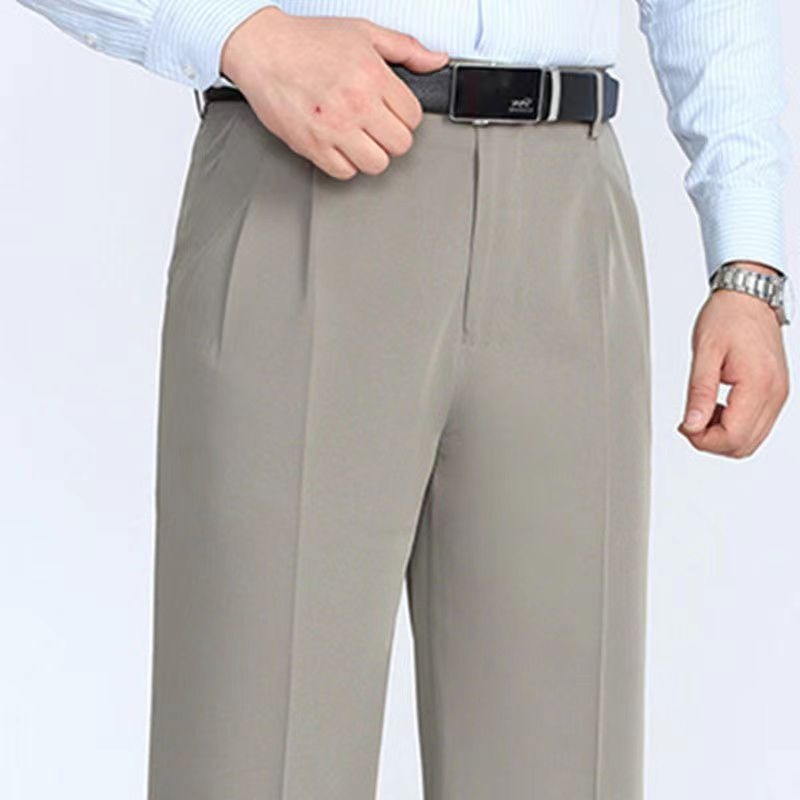 Autumn and Winter Middle-aged Elderly Men's Loose Solid Color High Waisted Button Pockets Ruched Straight Plus Size Suit Pants