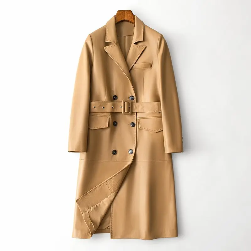 2025, Frühlings-Trenchcoat aus echtem Leder für Damen, lässiger Schnürgürtel, klassischer zweireihiger, hochwertiger Schaffell-Outwear für Damen