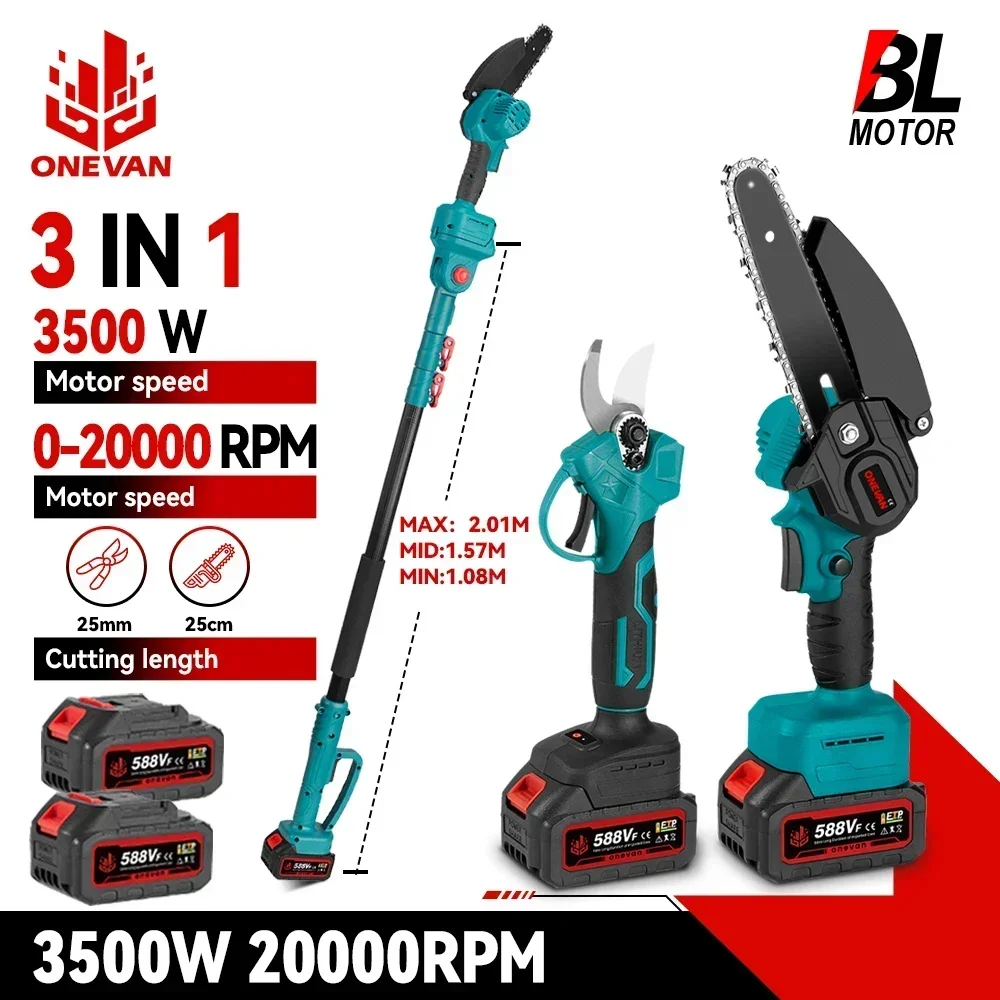 ONEVAN 3500 W Bürstenlose Teleskopstange Elektrische Kettensäge 3 IN 1 Hohe Zweig Schere Garten Beschneiden Werkzeug Für 21 V 18 V Batterie