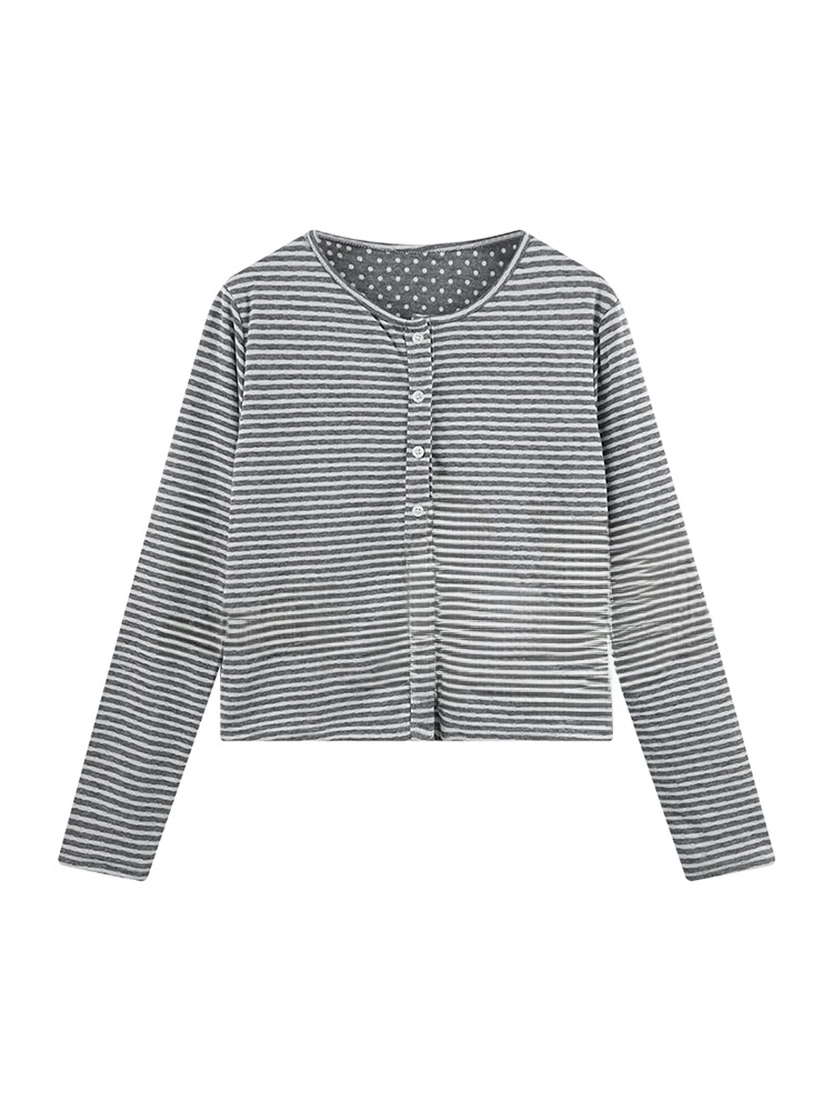 Grey Stripe Korean Sle Casual Women's Shirt Beautiful round Neck Slimming Outerwear  Sle Unique Small  Shirt