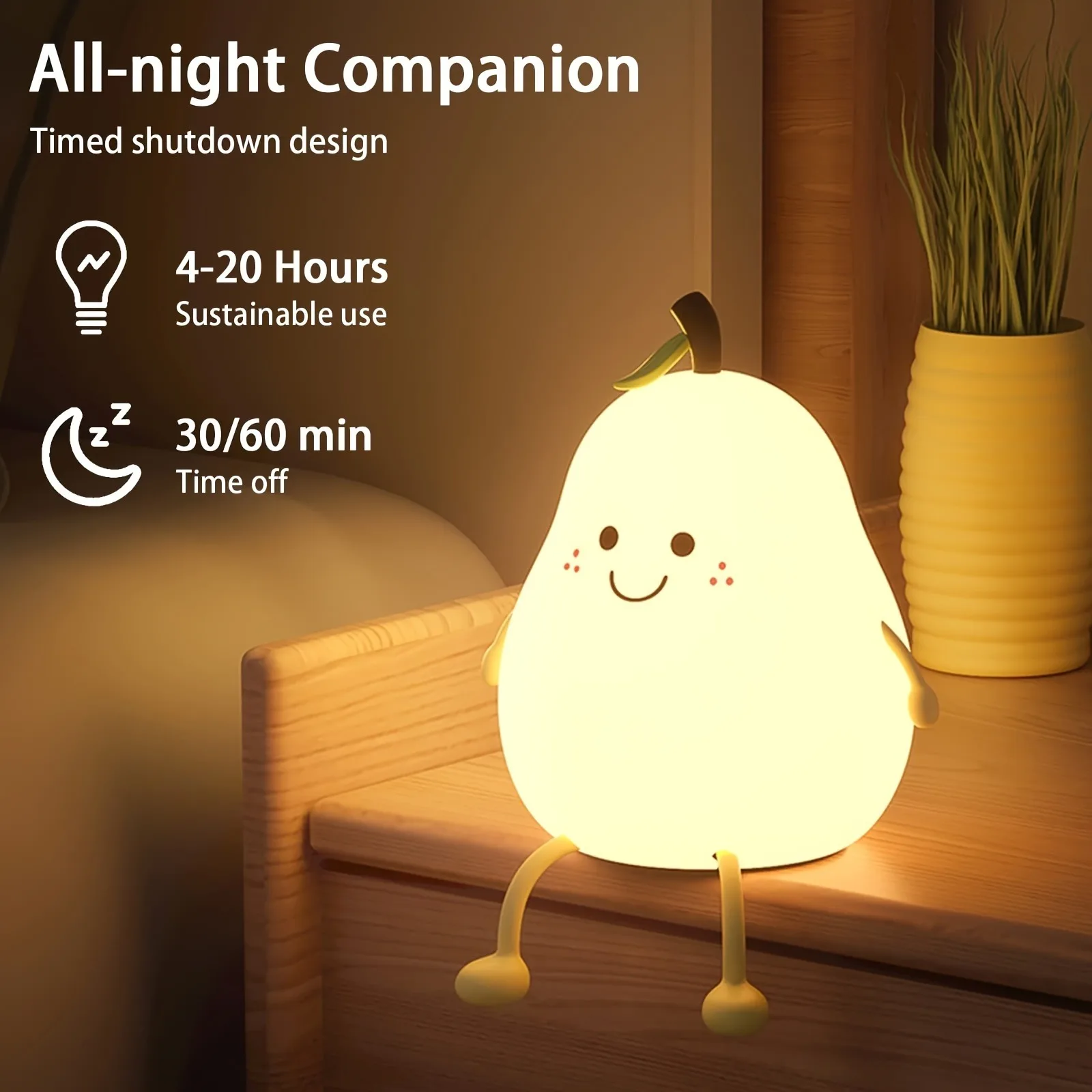 Luz nocturna de pera bonita, luz nocturna regulable de 7 colores con control táctil, lámpara de silicona reductora de estrés, recargable por USB, 1 ud.