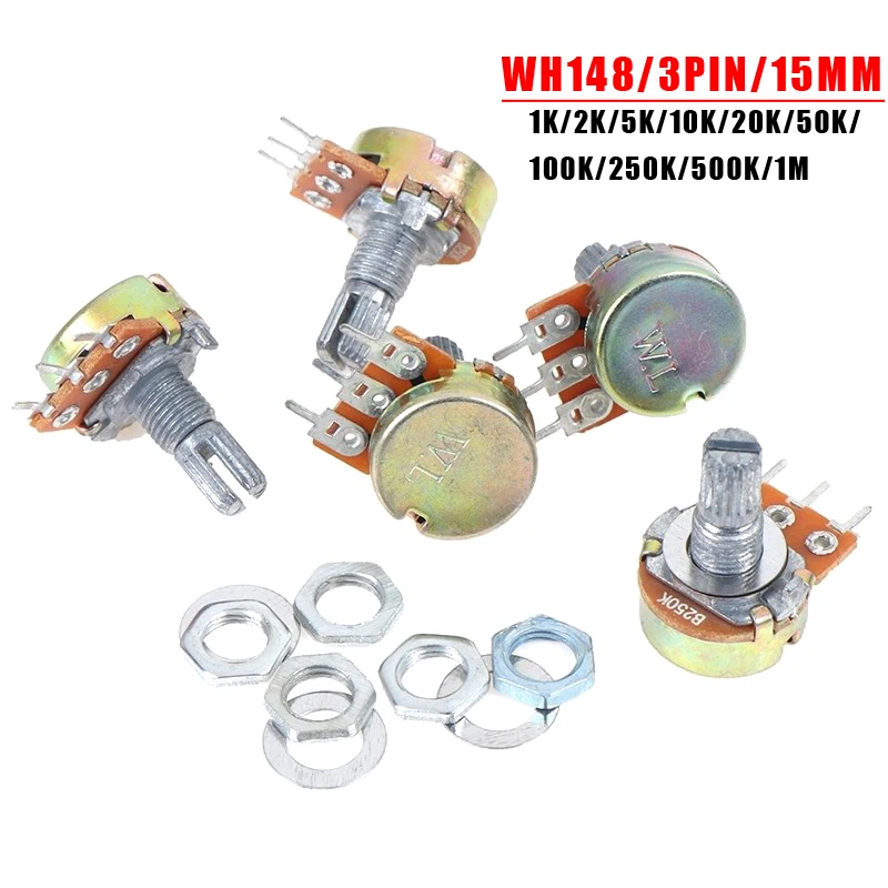 5 unids/lote WH148 3Pin15mm 1K 2K 5K 10K 20K 50K 100K 250K 500K 1M Ohm potenciómetro giratorio cónico lineal resistencia B1K B5K B10K B200K