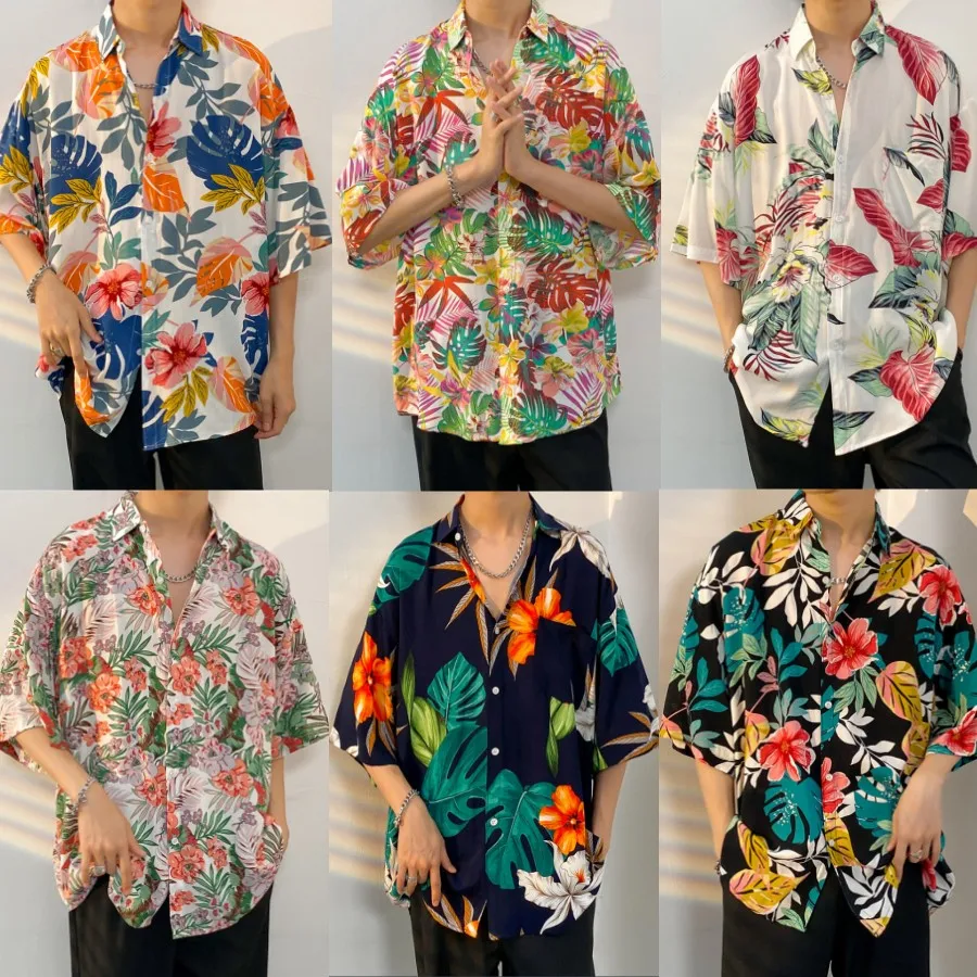 【26 Colors】 Hawaiian Beach Shirt-Animal Print 3/4 Sleeve-Cotton- Men's and Women's Seaside Tour Casual Vacation Flower Shirt