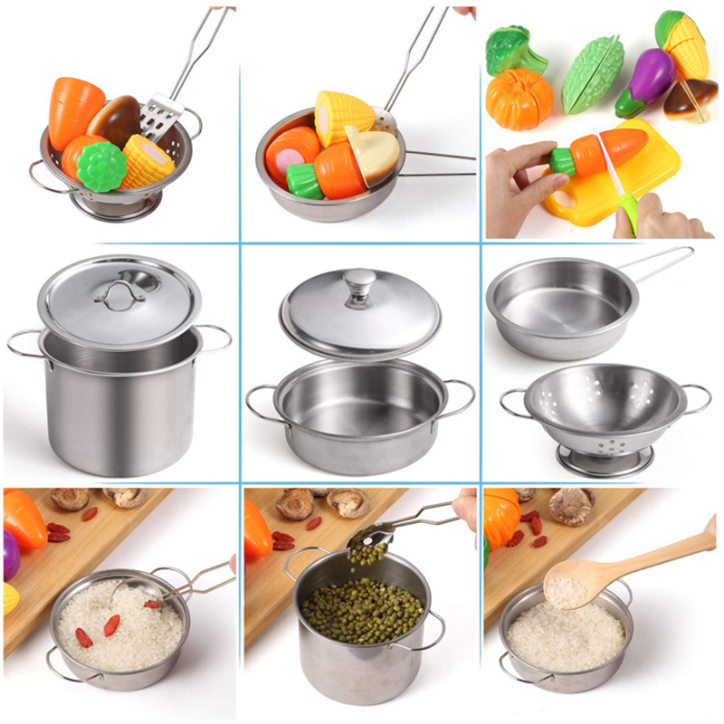 Jouets de casseroles et poêles pour enfants, ensemble de jeu de cuisine, ustensiles de cuisine en acier inoxydable, mini ustensiles de cuisine, jouets de développement