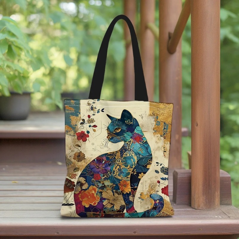 Bolsa tote com padrão floral de gato, bolsa de ombro escolar de lona estética, sacola de compras leve