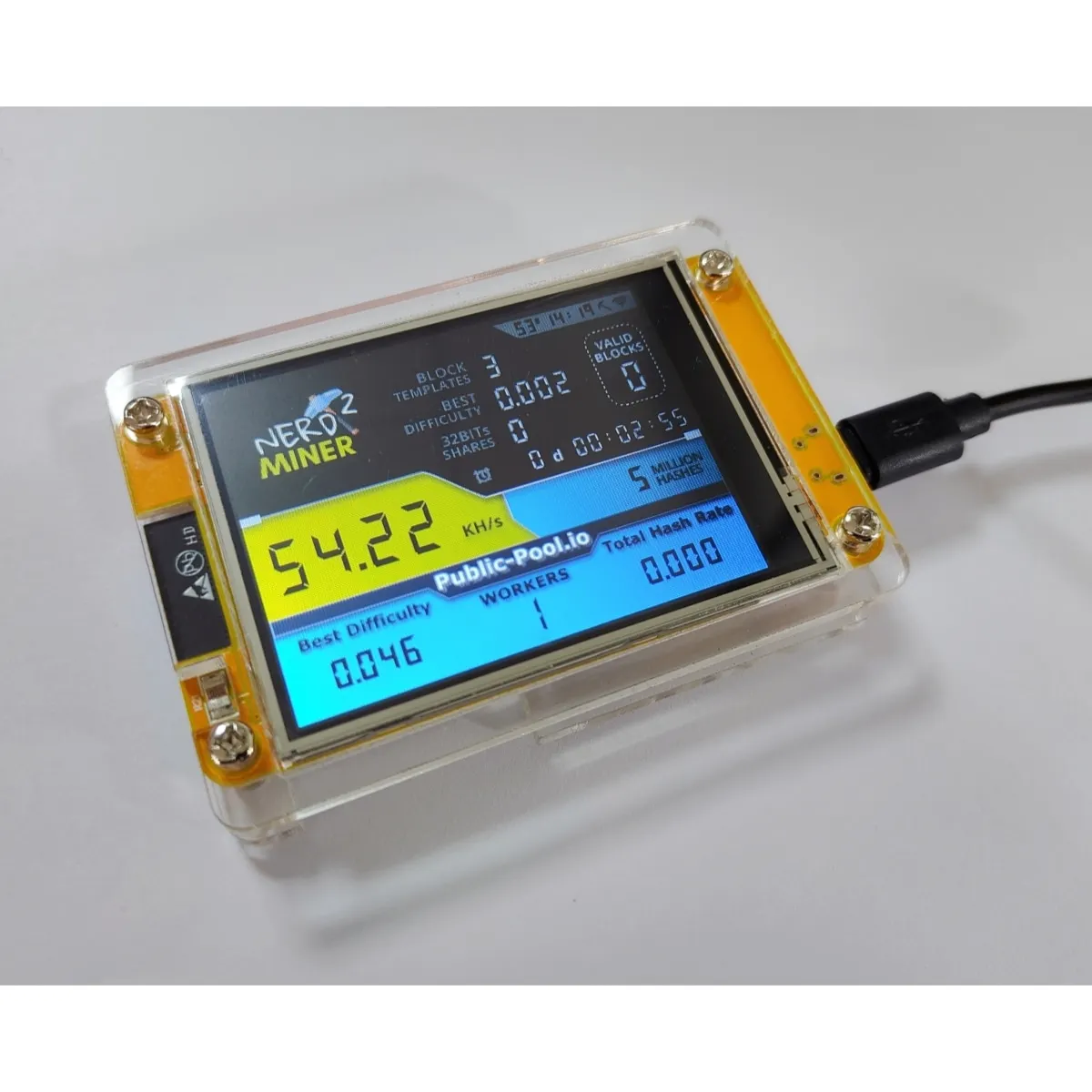 2.8 Polegada ESP32-2432S028R NerdMiner V2 Hashrate, Display Inteligente, Crypto Solo, Loteria, Nerd Miner, Bitcoin Miner, 49 k/S