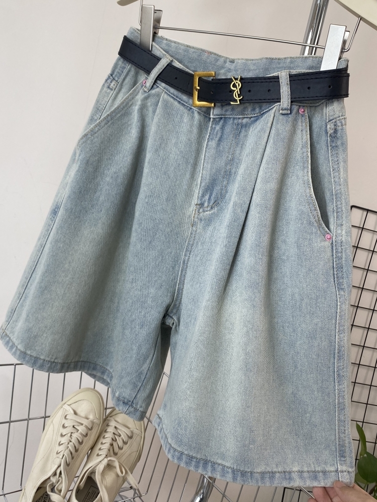 orts de Jeans de Cintura Alta com Pregas e Pernas Largas, Estilo Novo de Verão, Confortáveis e Casuais