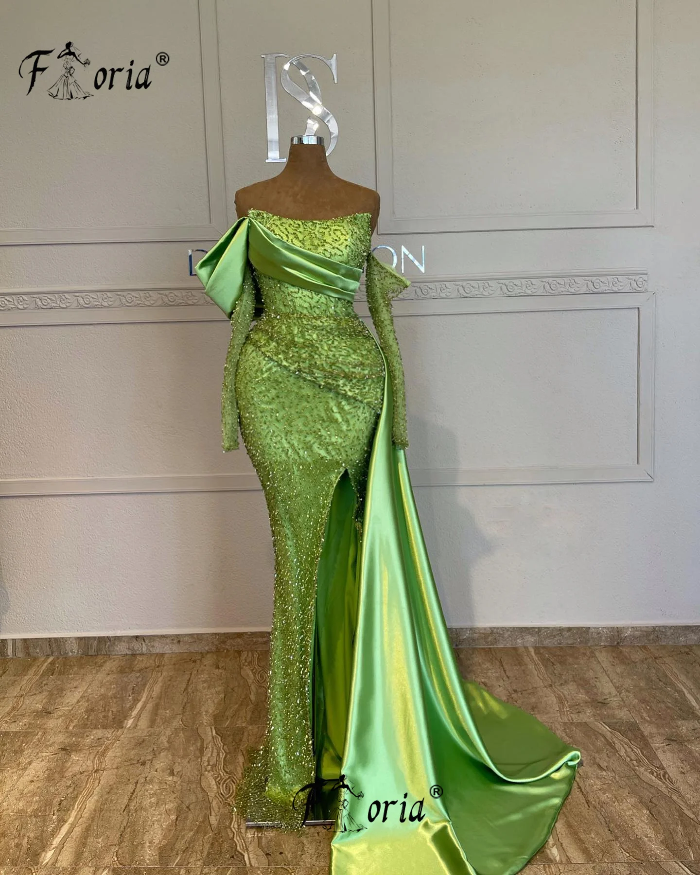 Elegantes hellgrünes Dubai-Partykleid mit Perlen und langen Ärmeln, formelles Abendkleid, arabisch, maßgeschneiderte Roben, Longues Soir Quizgante