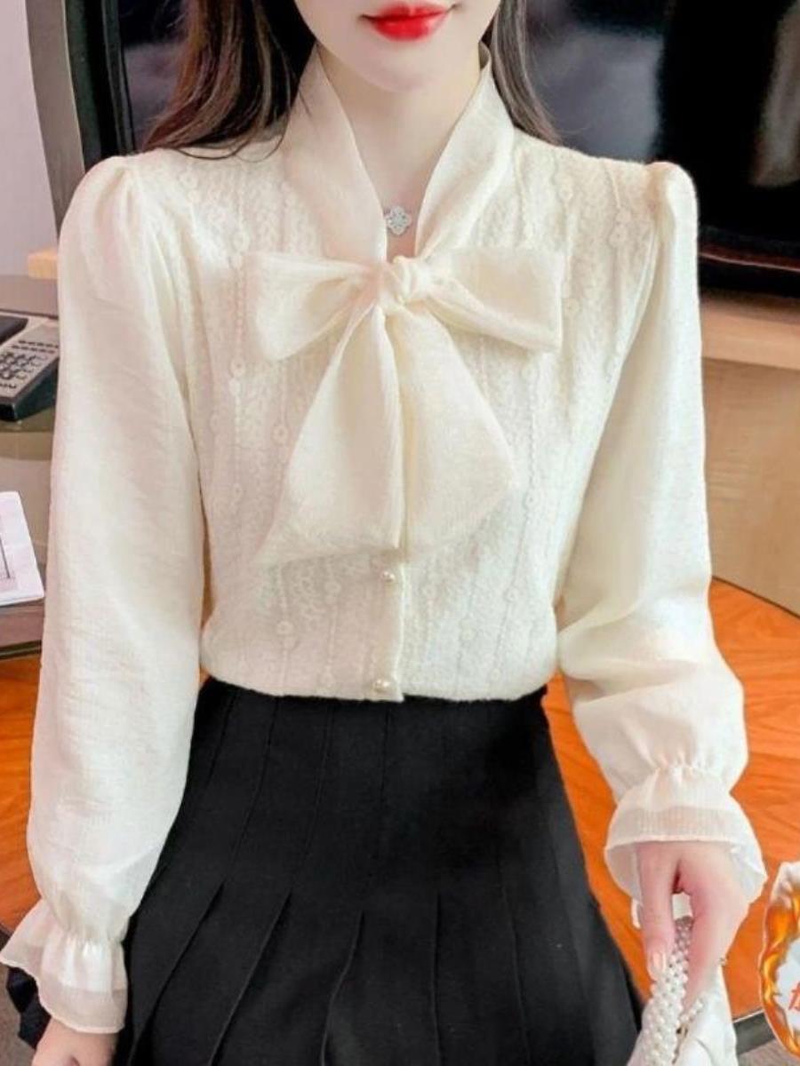 女性のフリース裏地 V ネックシャツ蝶ネクタイレース長袖底トップ秋冬デザインセンセーションベルボトム