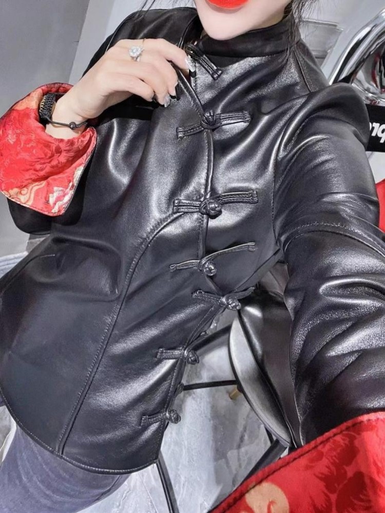 Traje Tang Vintage, chaqueta de cuero genuino para mujer, Tops ajustados a la moda con cuello levantado, abrigo corto de piel de oveja de un solo pecho de estilo chino