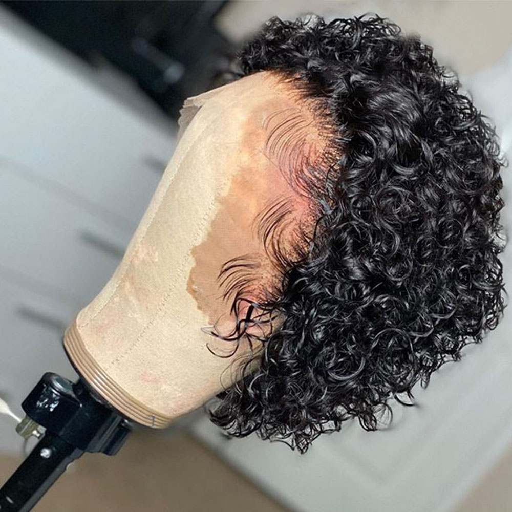 Pixie ตัดวิกผมโปร่งใสลูกไม้ด้านหน้าวิกผมสั้น Kinky Curly Bob วิกผมบราซิล Water Wave วิกผมผมมนุษย์สําหรับผู้หญิง
