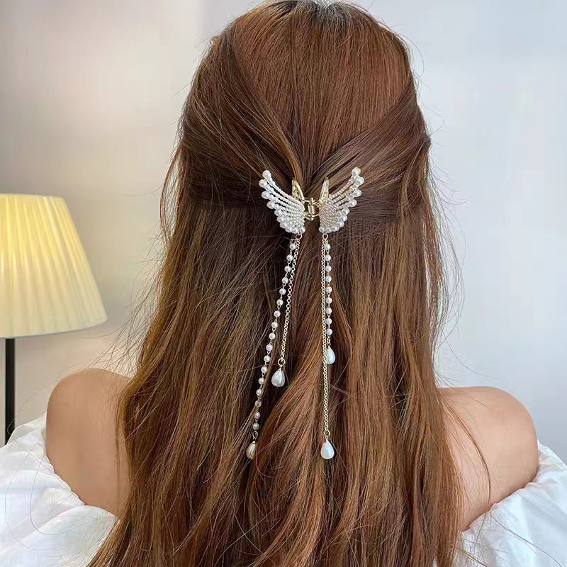 Mariposa de súper Hada para mujer, accesorio para el cabello con borla, Perla de diamante, alas de Ángel, Cabeza trasera, medio Lazo, Verano