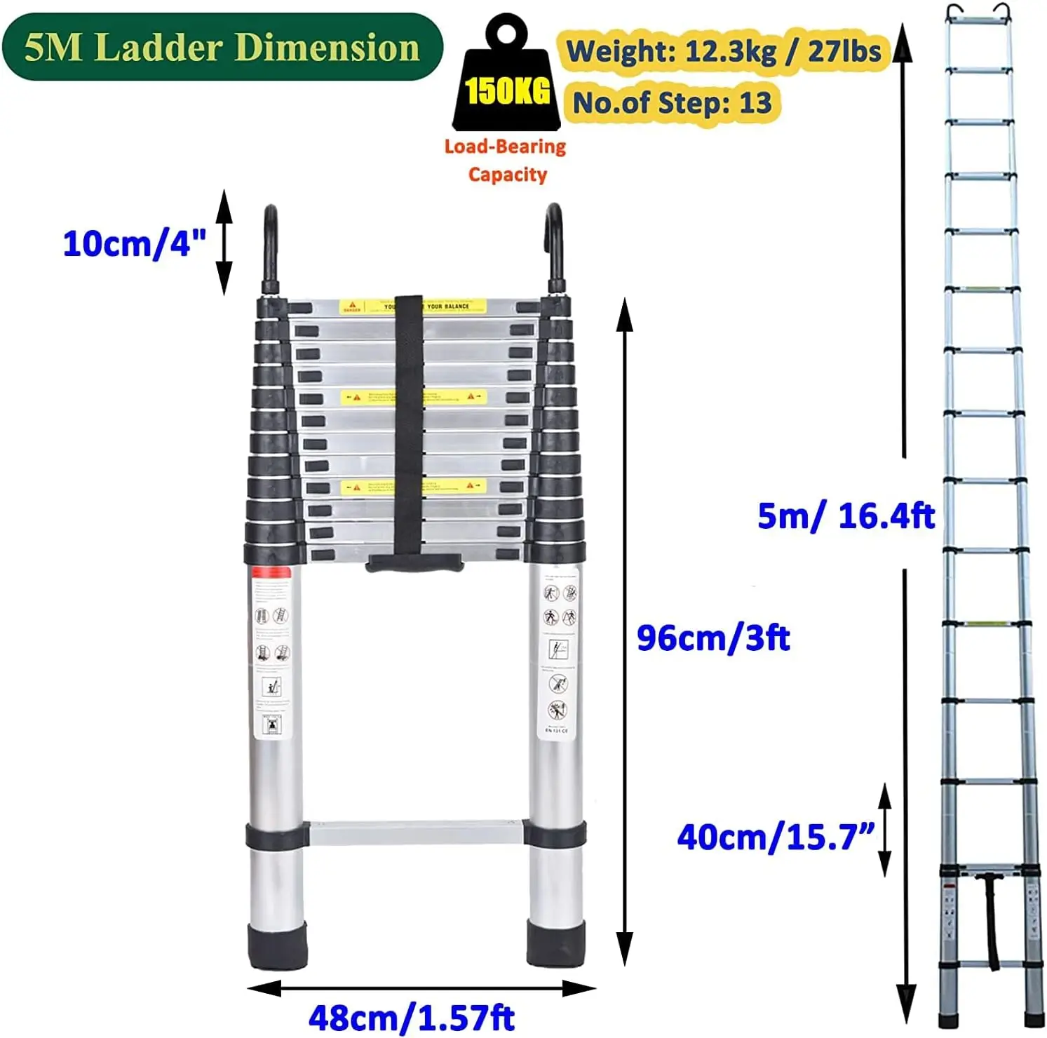 5M Telescopic Ladder with hooks, 16.5FT Multi-Purpose Folding Aluminium Telescoping Ladder Foldable Ladder Extension Ladder Exte