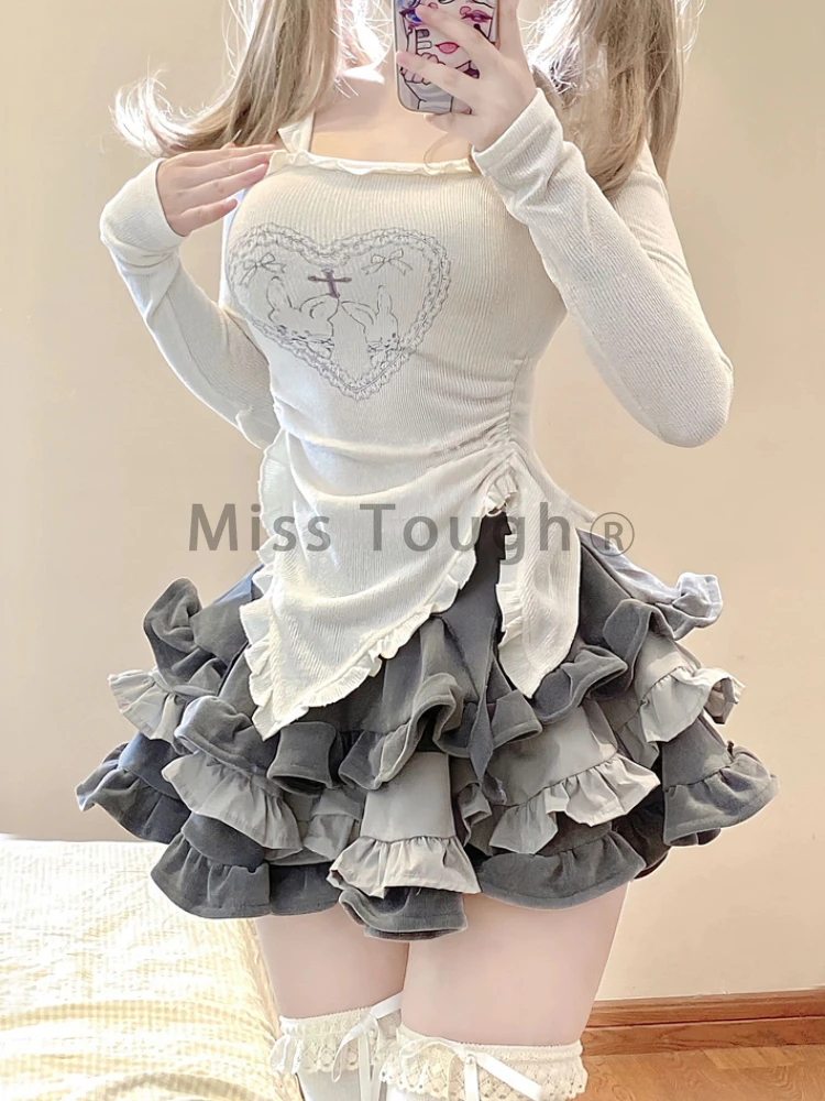 Conjunto de dos piezas Kawaii japonés de otoño para mujer, traje de falda bonito con estampado de conejo dulce, Tops ajustados coreanos + falda de pastel de princesa 2024