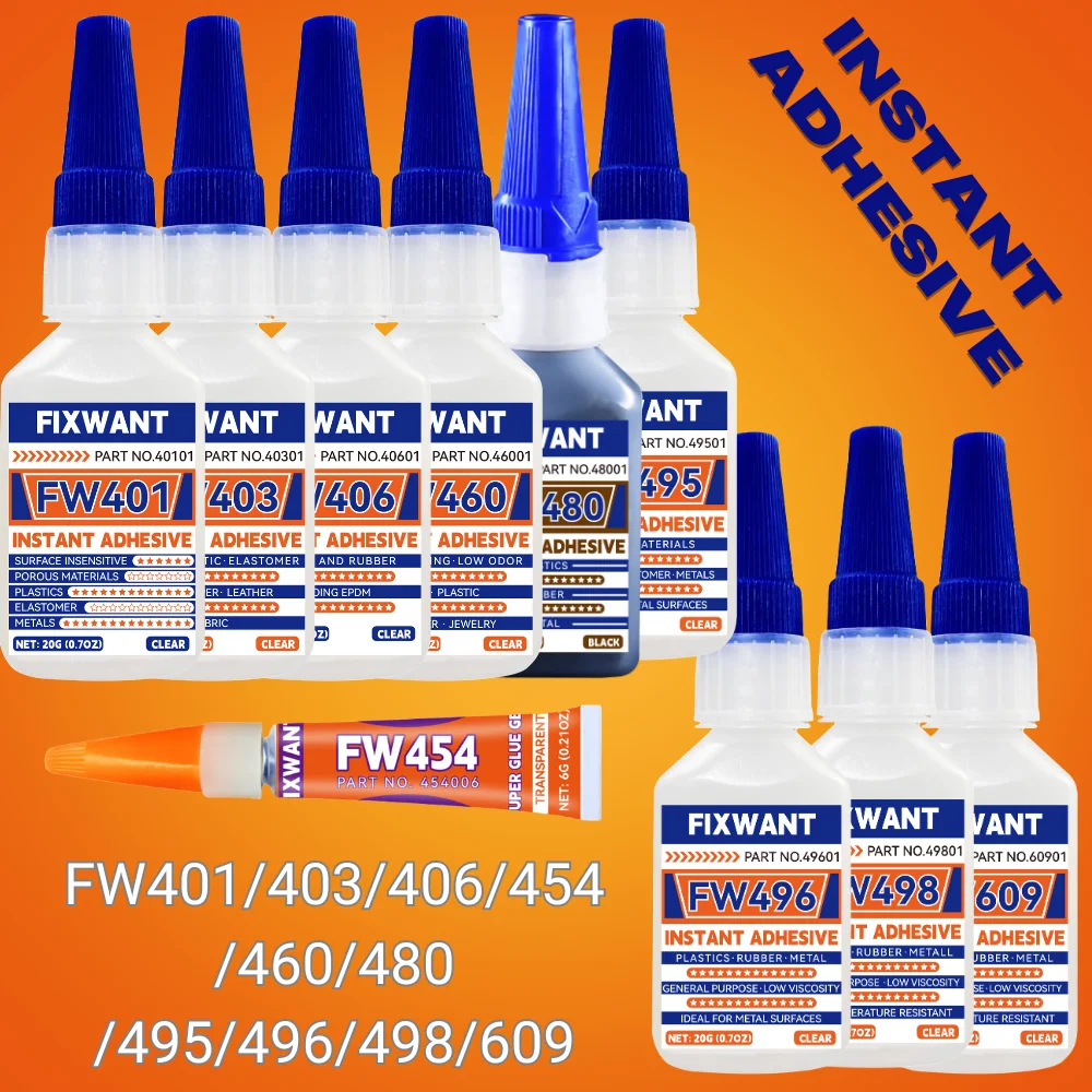 Adesivo istantaneo FW401/403/406/454/460/480/495/496/498 - Colla CA super resistente per fai da te, riparazioni, artigianato, metallo, plastica, gomma