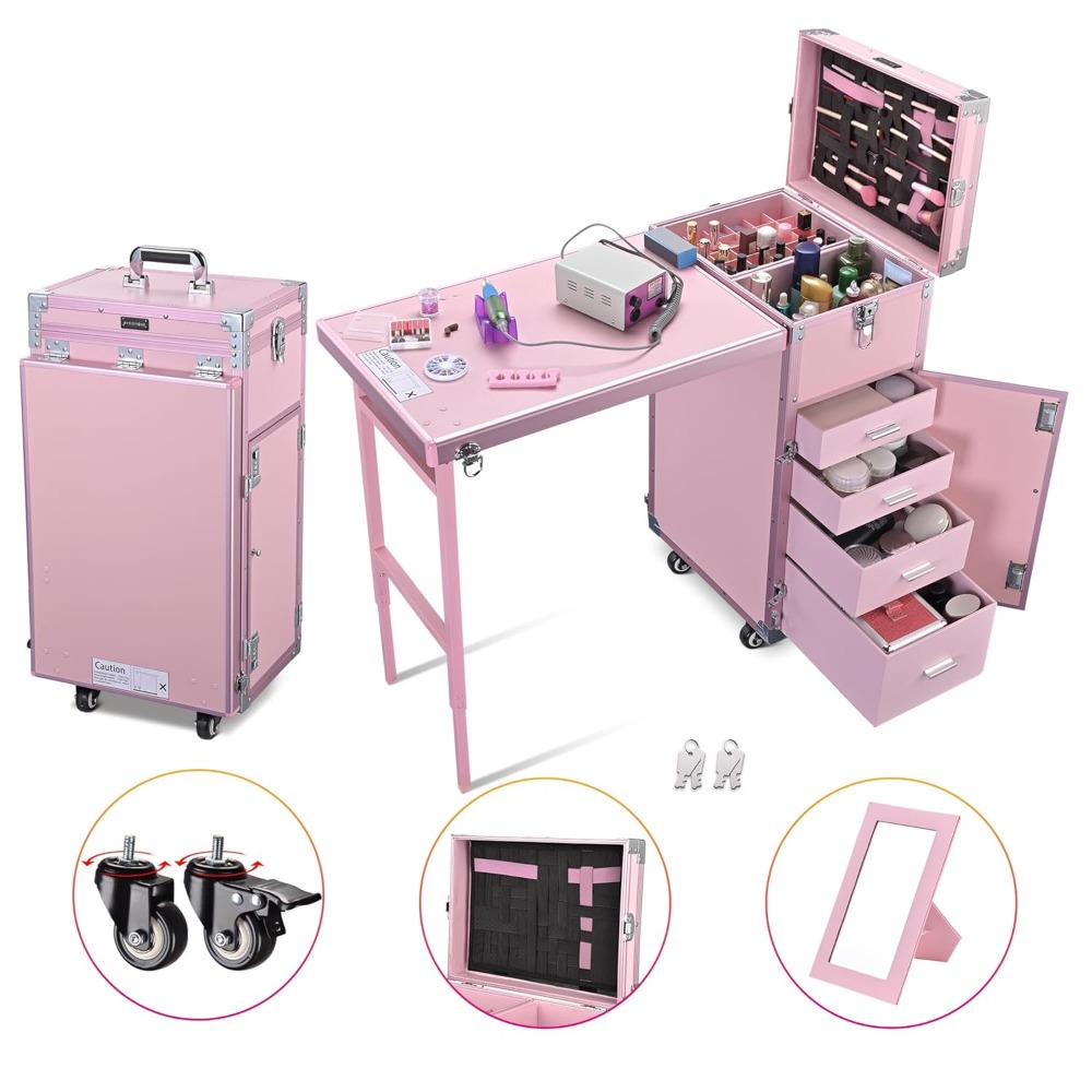 Nail Tables.Rolling Manicure Table Portable Nail Table Foldable Nail Desk Travel Makeup Train Case Cosmetic Trolley Storage