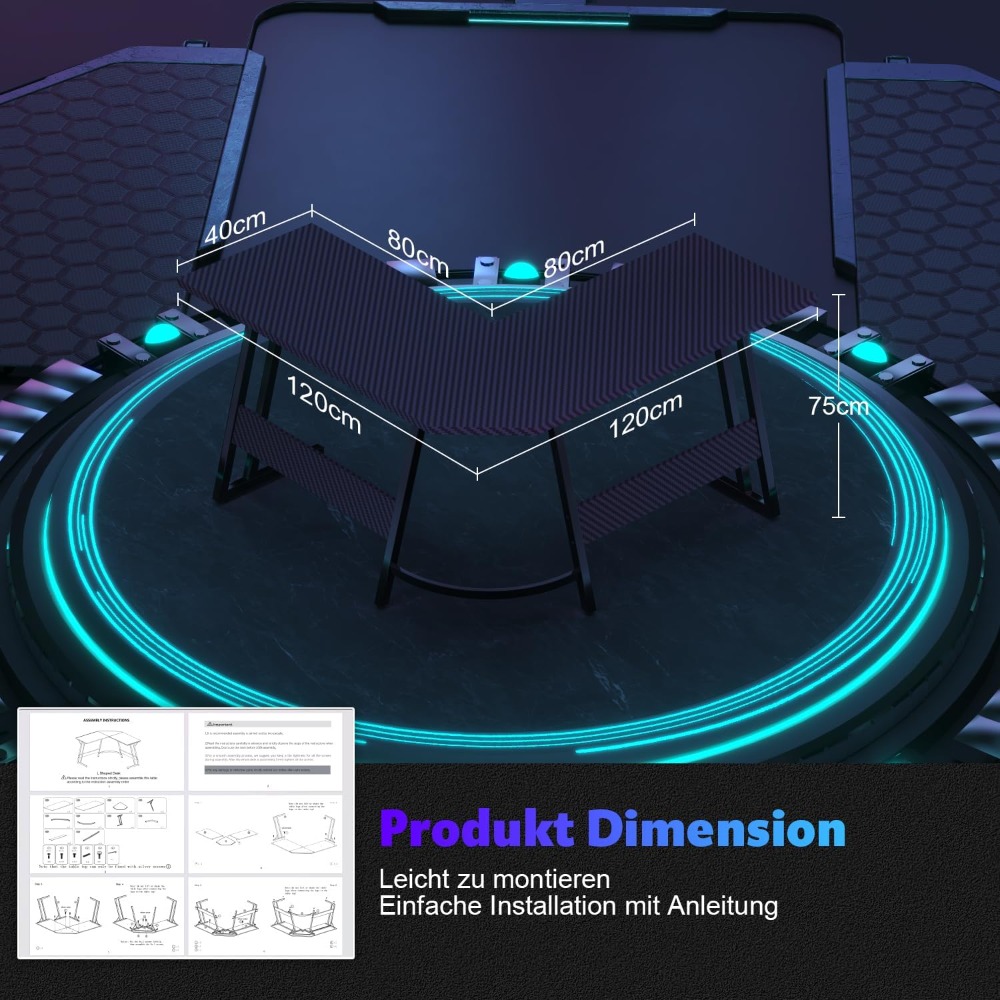 Moderner Computertisch, L-förmiger Gaming-Schreibtisch, großer PC-Eckschreibtisch (120 x 120 cm)