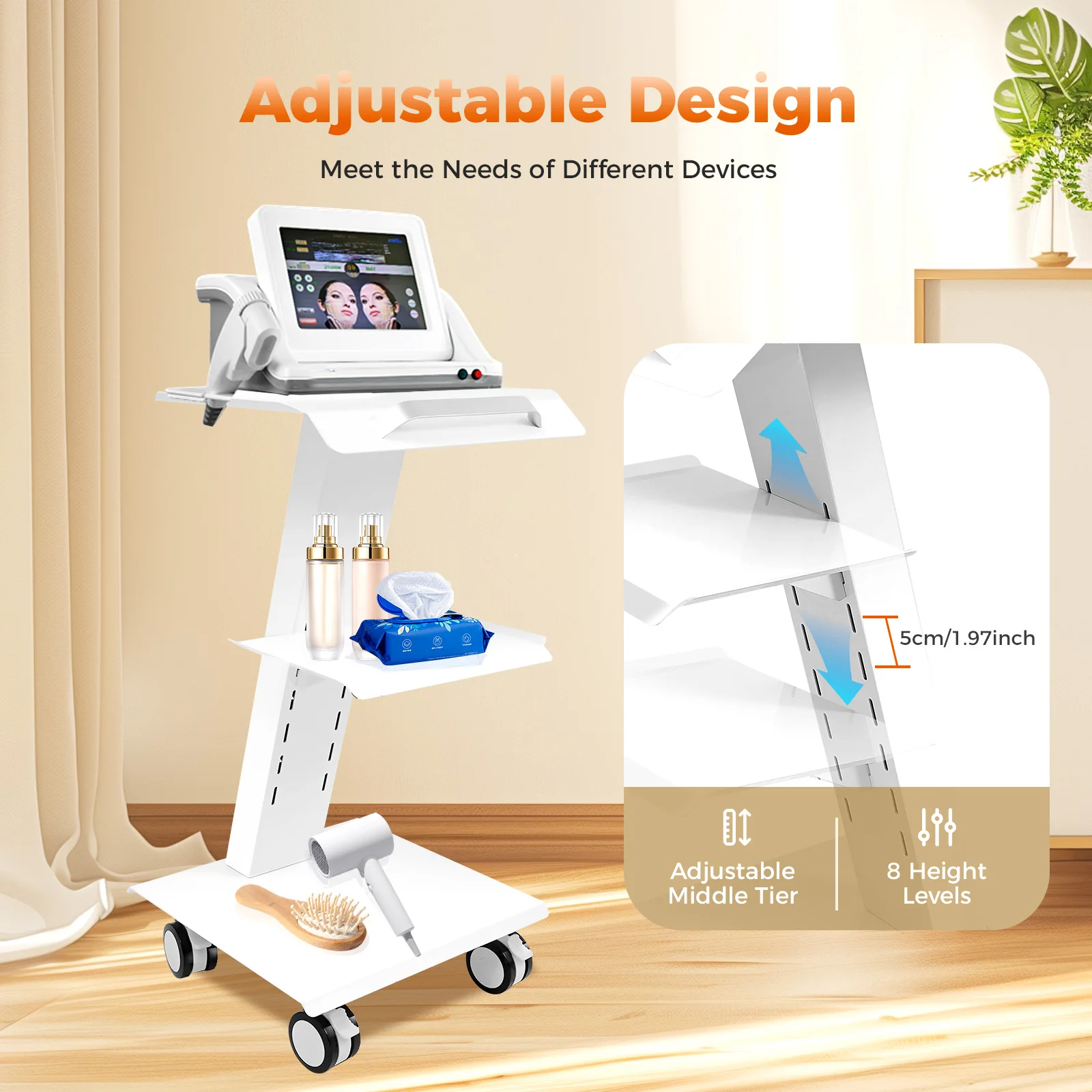 Carrello da laboratorio multifunzione con 4 ruote universali, carrello con ruote a 3 livelli ad altezza regolabile con prese, carrello per clinica con ruote