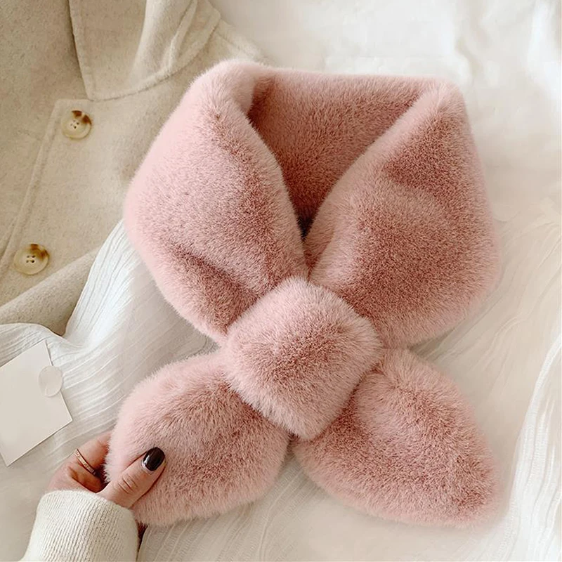 Bufanda cruzada para mujer, cuello de felpa gruesa, Color sólido, redecilla de piel de conejo falsa, bufandas cálidas, regalo para niña, Otoño e Invierno