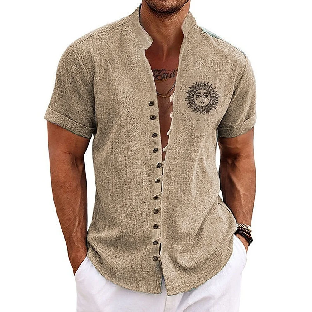 New men's linen short-sleeved shirt, with a fashionable retro style, ethnic motif printing, comfortable and breathable. Men's sh