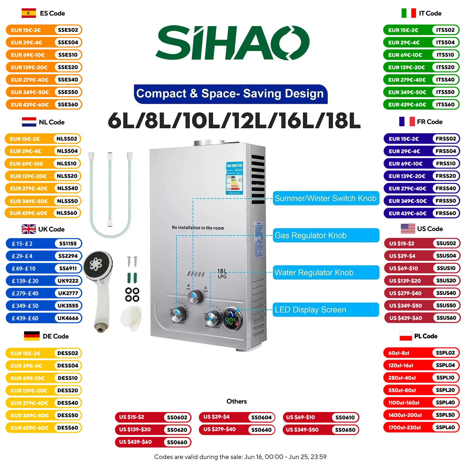 VEVOR 6L 8L 10L 12L 16L 18L GPL Scaldabagno portatile in stand Gas propano GPL Scaldabagno senza serbatoio a parete Display digitale