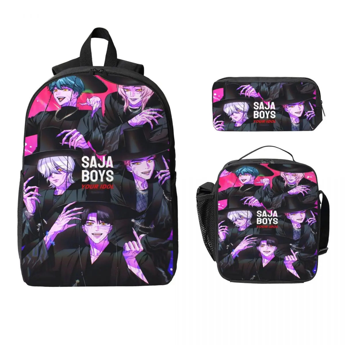 K-pop Demon Hunters Saja Boys Borse da scuola Set per bambini Scatole per matite Set di zaini con portapranzo per studenti delle scuole Zaino