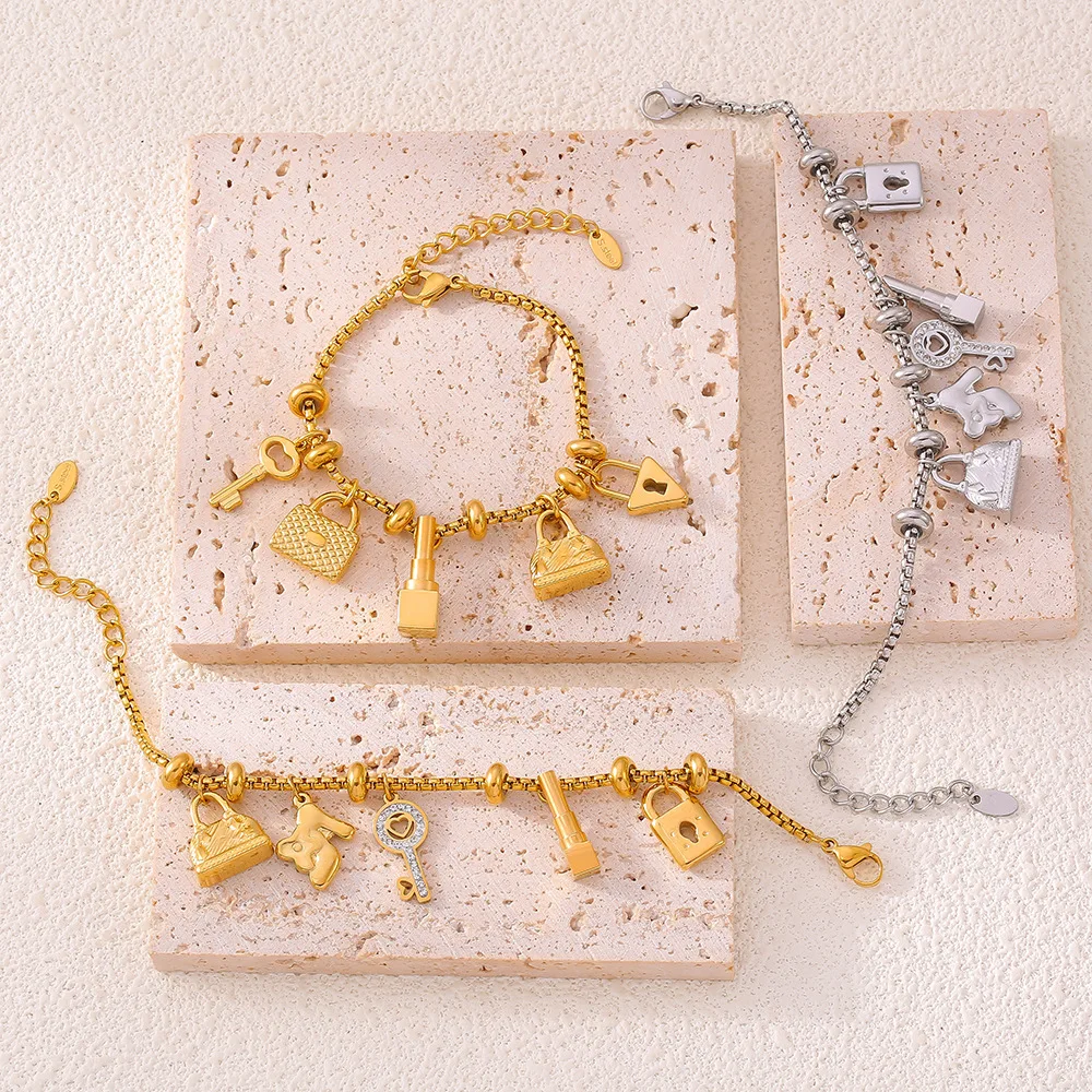 Pulseira ajustável estilo INS – joias modernas retrô de aço titânio banhado a ouro 18K com pingentes incrustados de diamantes de vários elementos