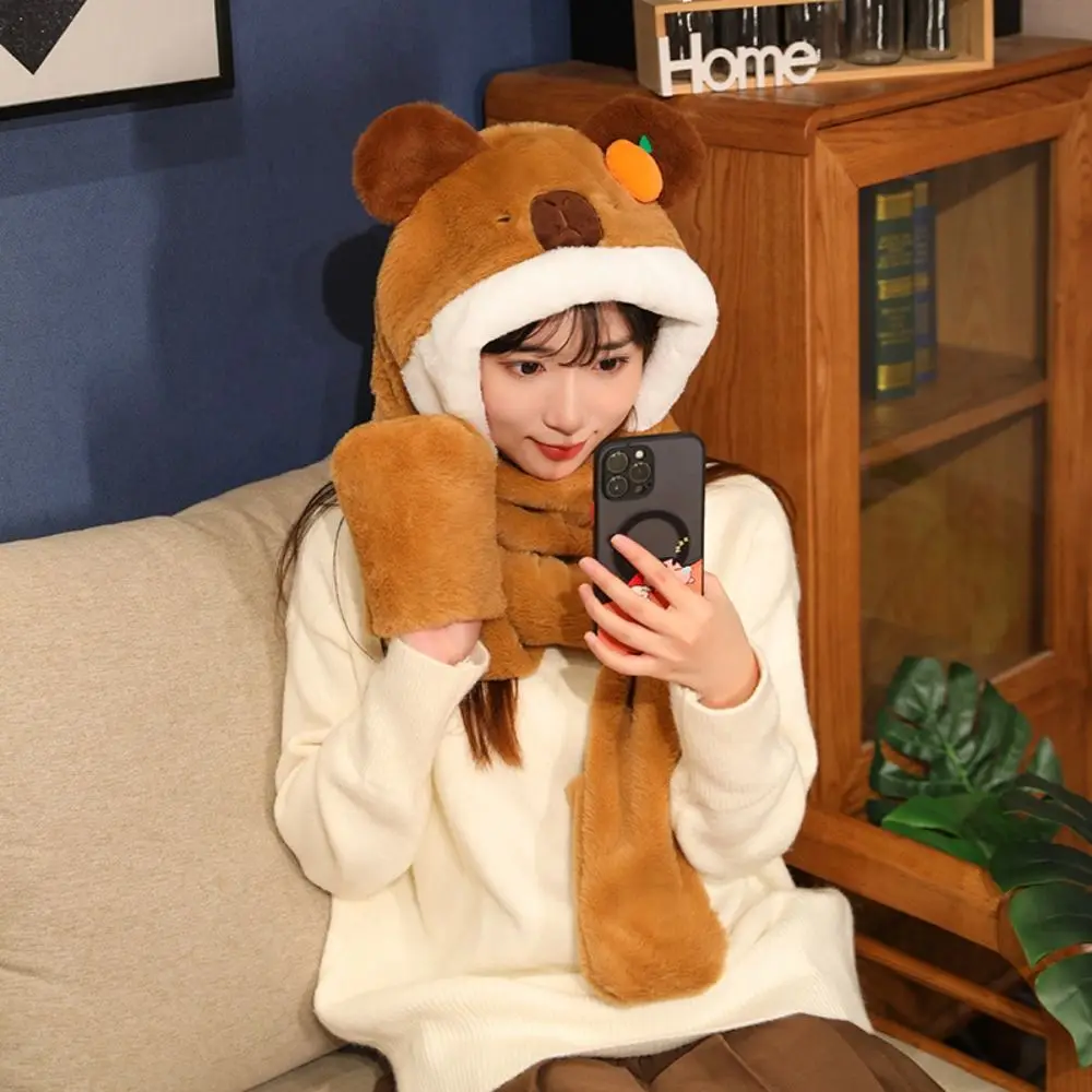น่ารัก 3in 1 หมวกผ้าพันคอถุงมือชุดตุ๊กตาฤดูหนาว WARM Capybara หมวกหมวกหนาป้องกันหูการ์ตูนหมวกคอ
