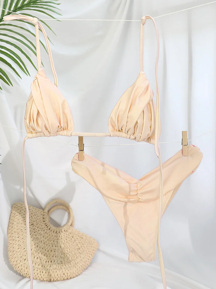 Conjunto de Bikini con pliegues para mujer, microbikinis lisos, traje de baño triangular para mujer, ropa de playa