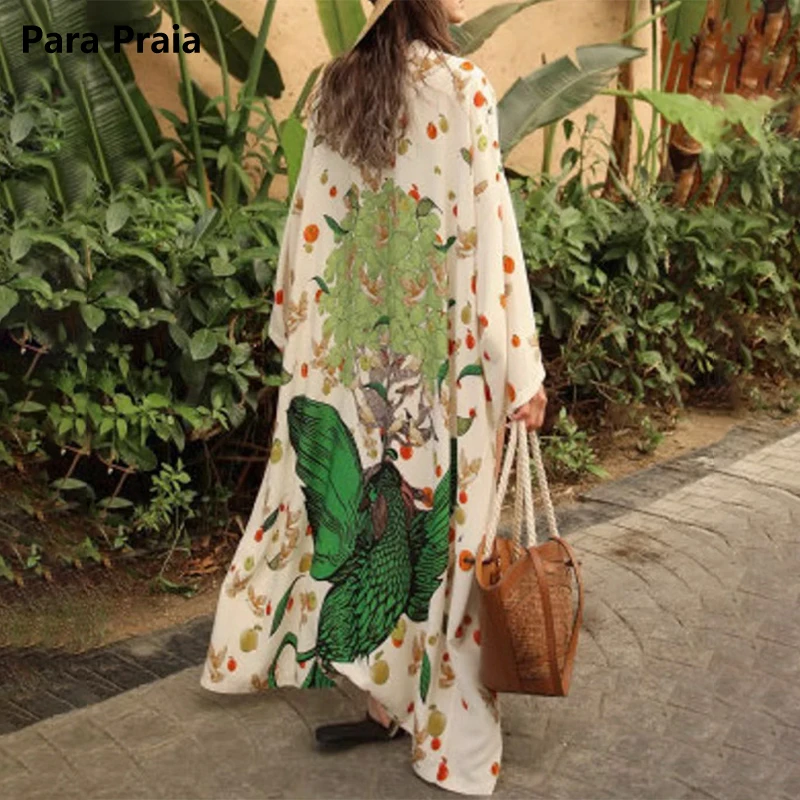 Para Praia paon Kimono Robe de plage maillot de bain couvrir maillots de bain Robe à manches longues Sarong femmes Cardigan ample couvertures de Bikini