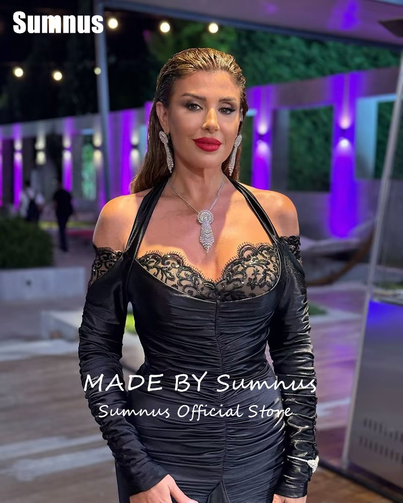 SUMNUS สีดํา Mermaid PROM Dress Elegant Halter Sweetheart ชุดราตรียาวจีบ Gowns อย่างเป็นทางการที่กําหนดเอง