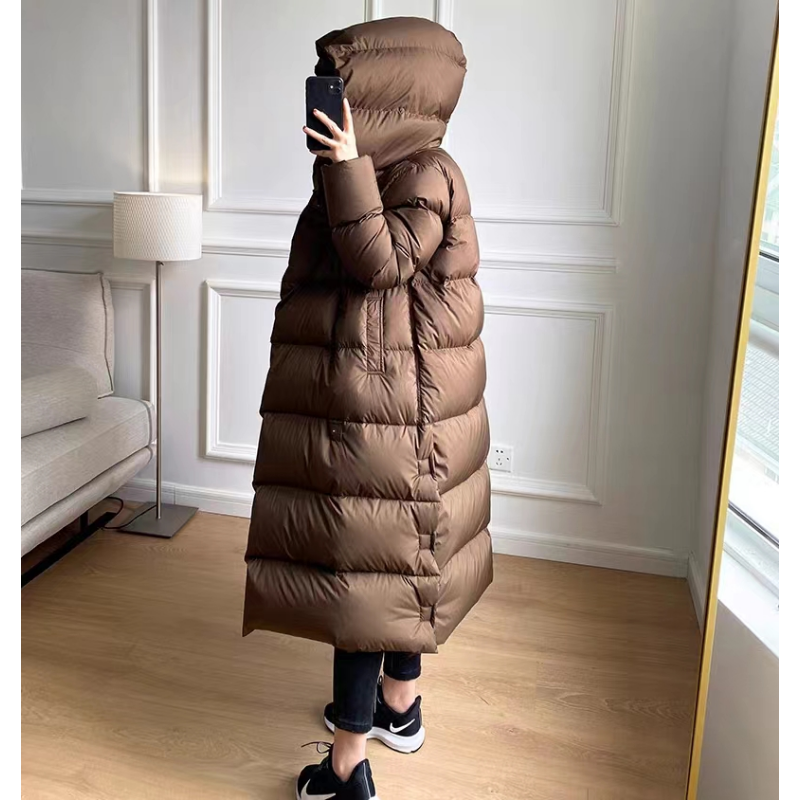 Jaqueta longa de pato para mulheres, casacos de outono e inverno, parkas de alta qualidade, boné de feiticeiro popular, 90 pato branco, moda, 2024